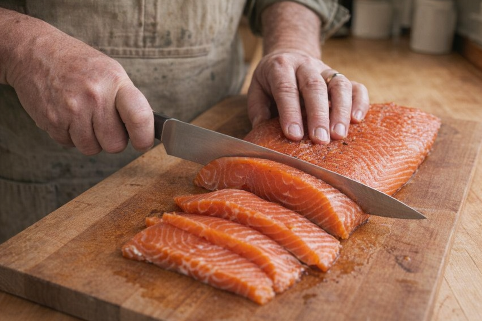 Close up shot of a chef using a sharp knife to slice smoked salmon on a wooden cutting board, showing the texture and fat marbling, natural light, overhead angle